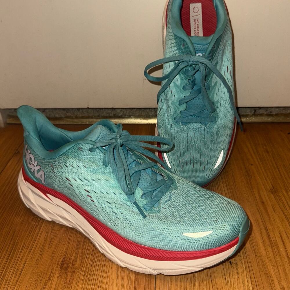 HOKA size 9 One One Clifton 8 Women’s Running Shoes Aquarelle Teal Blue 1119394